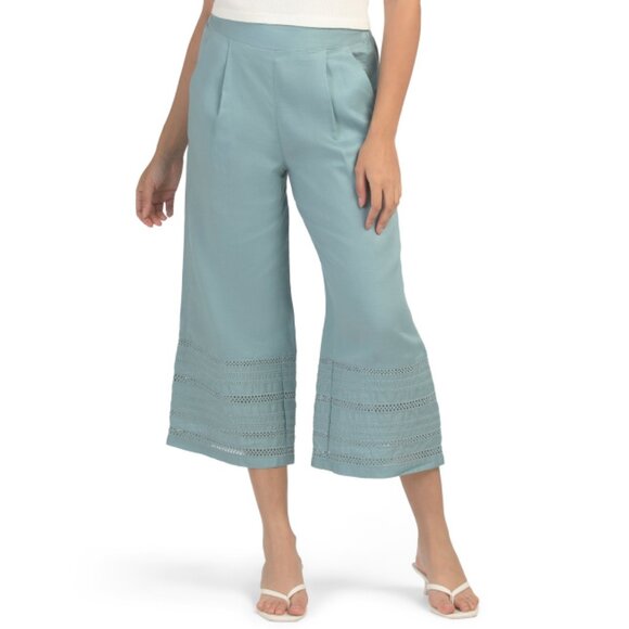 ELIE TAHARI Blue Linen Blend Embroidered Eyelet Pants